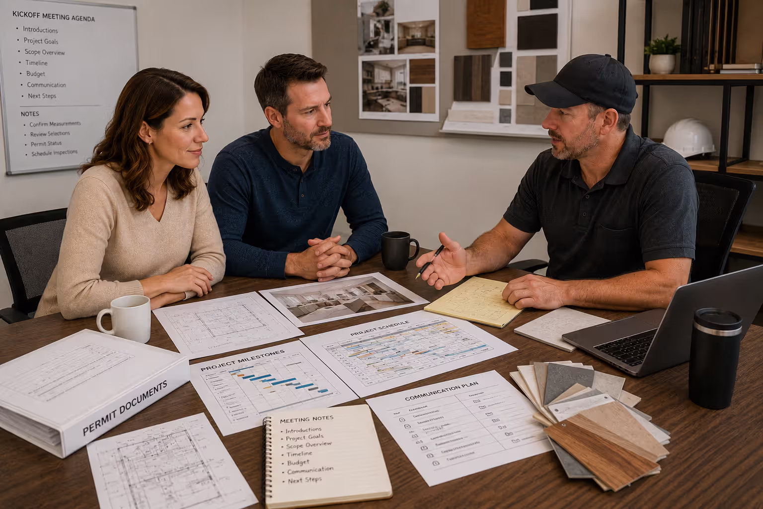 Homeowners and contractor discussing renovation kickoff plans