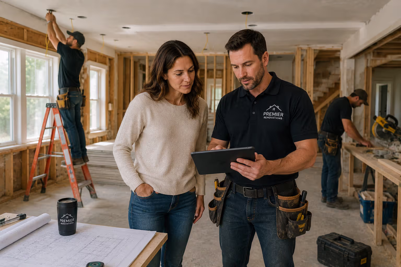 Homeowner tracking renovation progress with a contractor