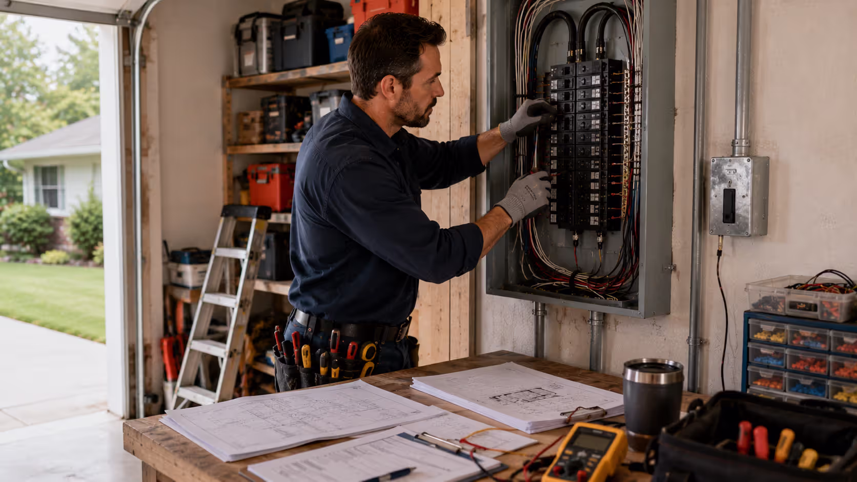 Licensed electrician upgrading residential electrical panel with permit documentation