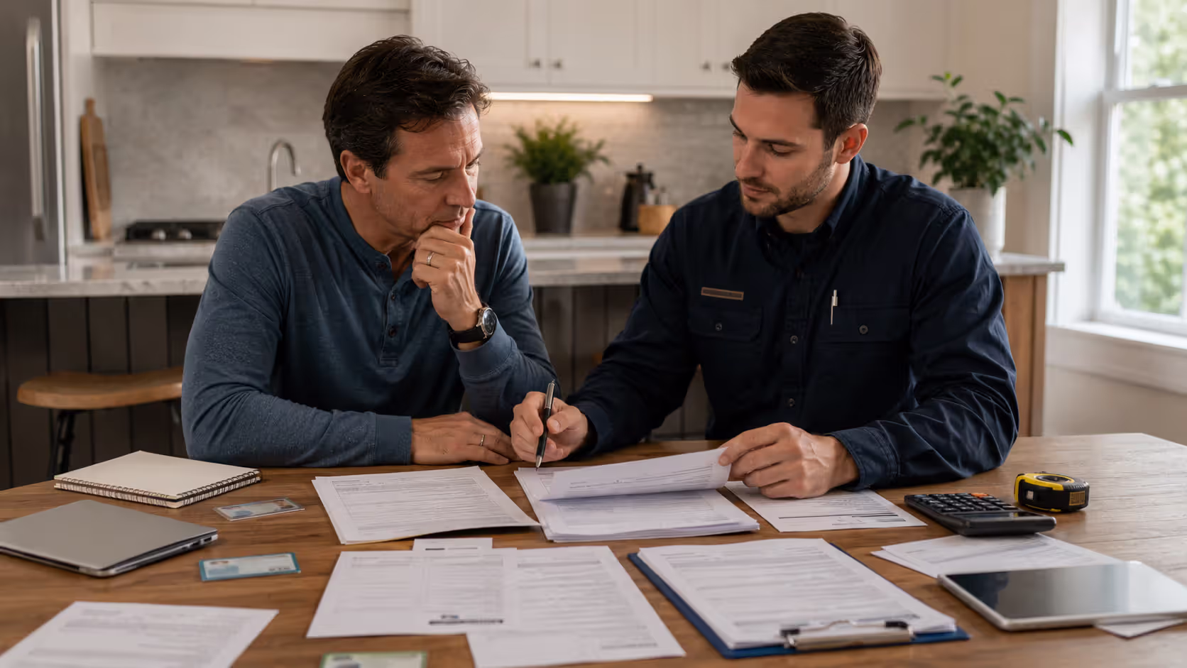 Homeowner reviewing contractor agreement, insurance, and payment terms with electrician