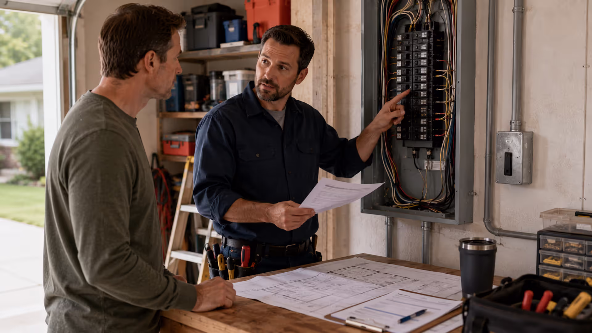 Homeowner and licensed electrician reviewing electrical permit requirements and panel work