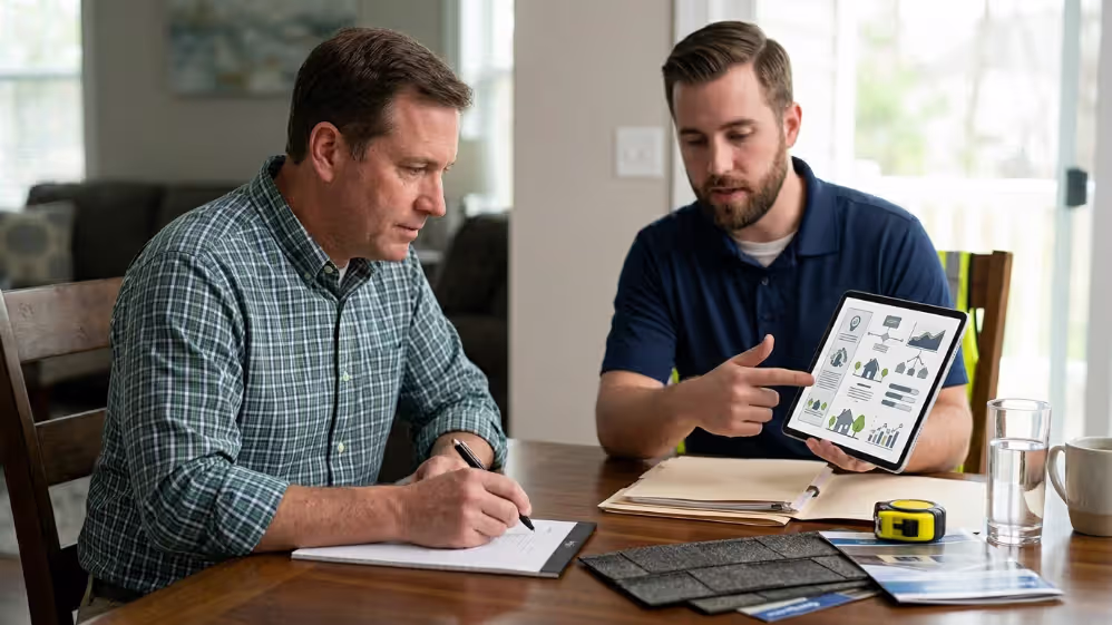 Homeowner asking roofing contractor about certifications, warranties, and references