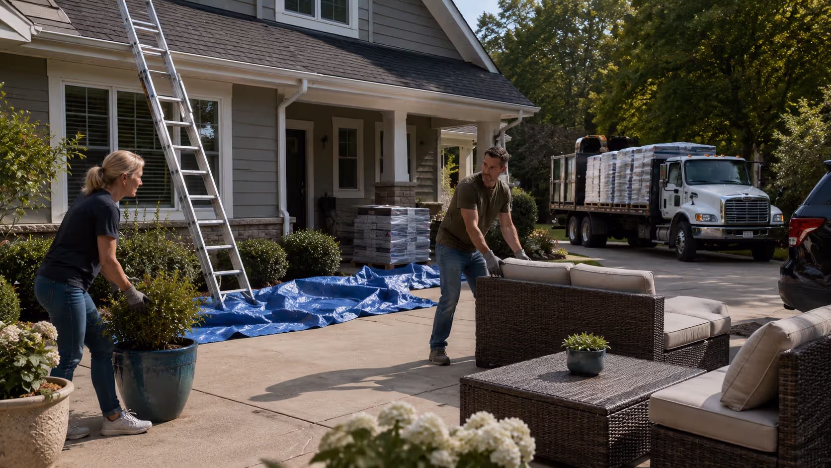 Homeowners preparing yard and driveway before roofing project begins