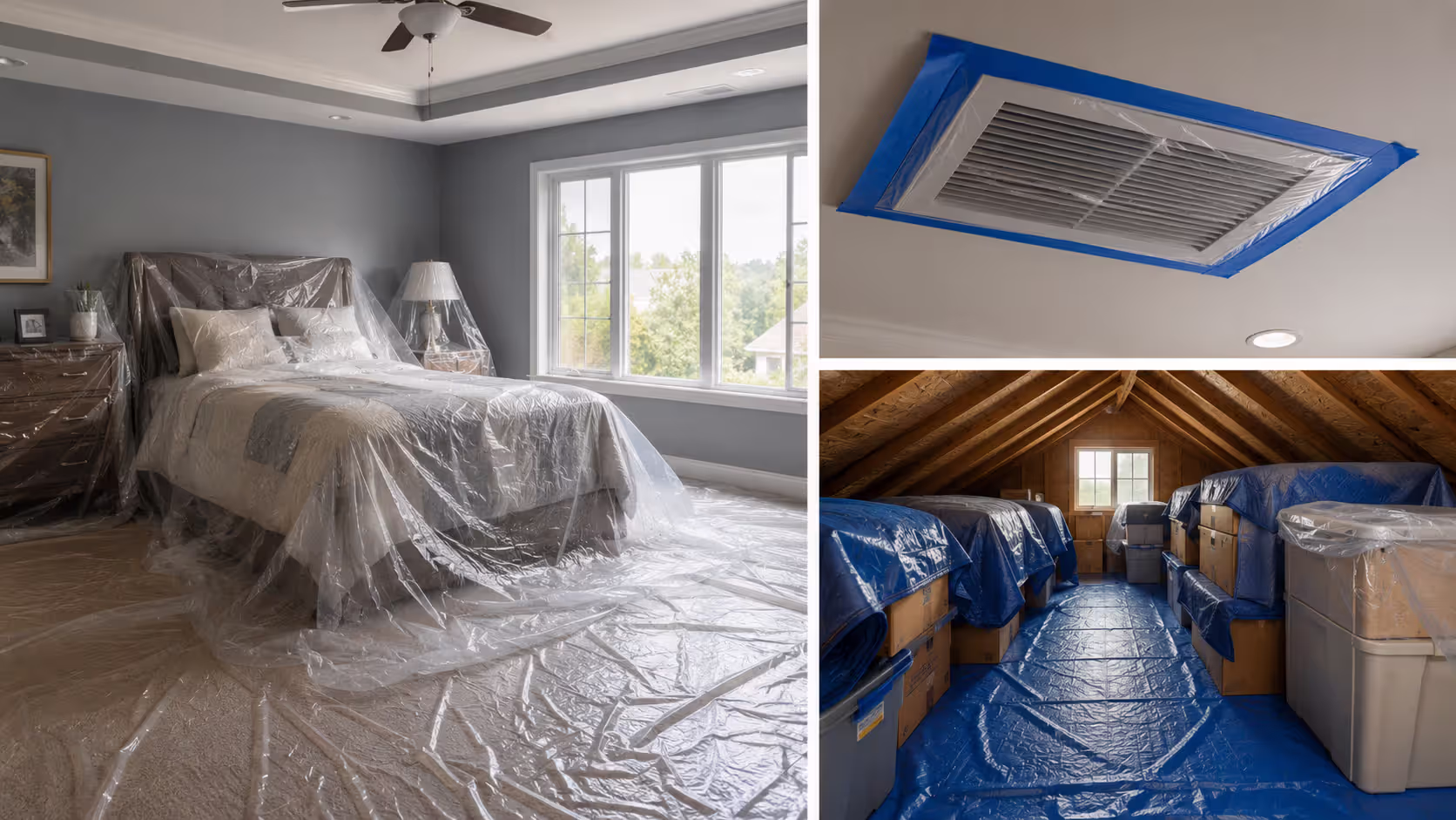 Furniture and attic belongings protected from dust during roof replacement