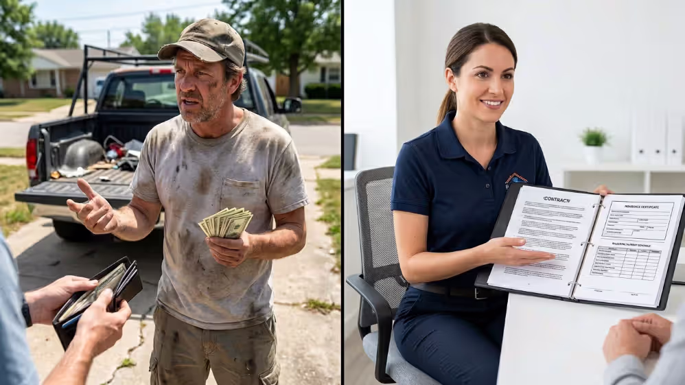 Comparison between roofing contractor red flags and professional hiring practices