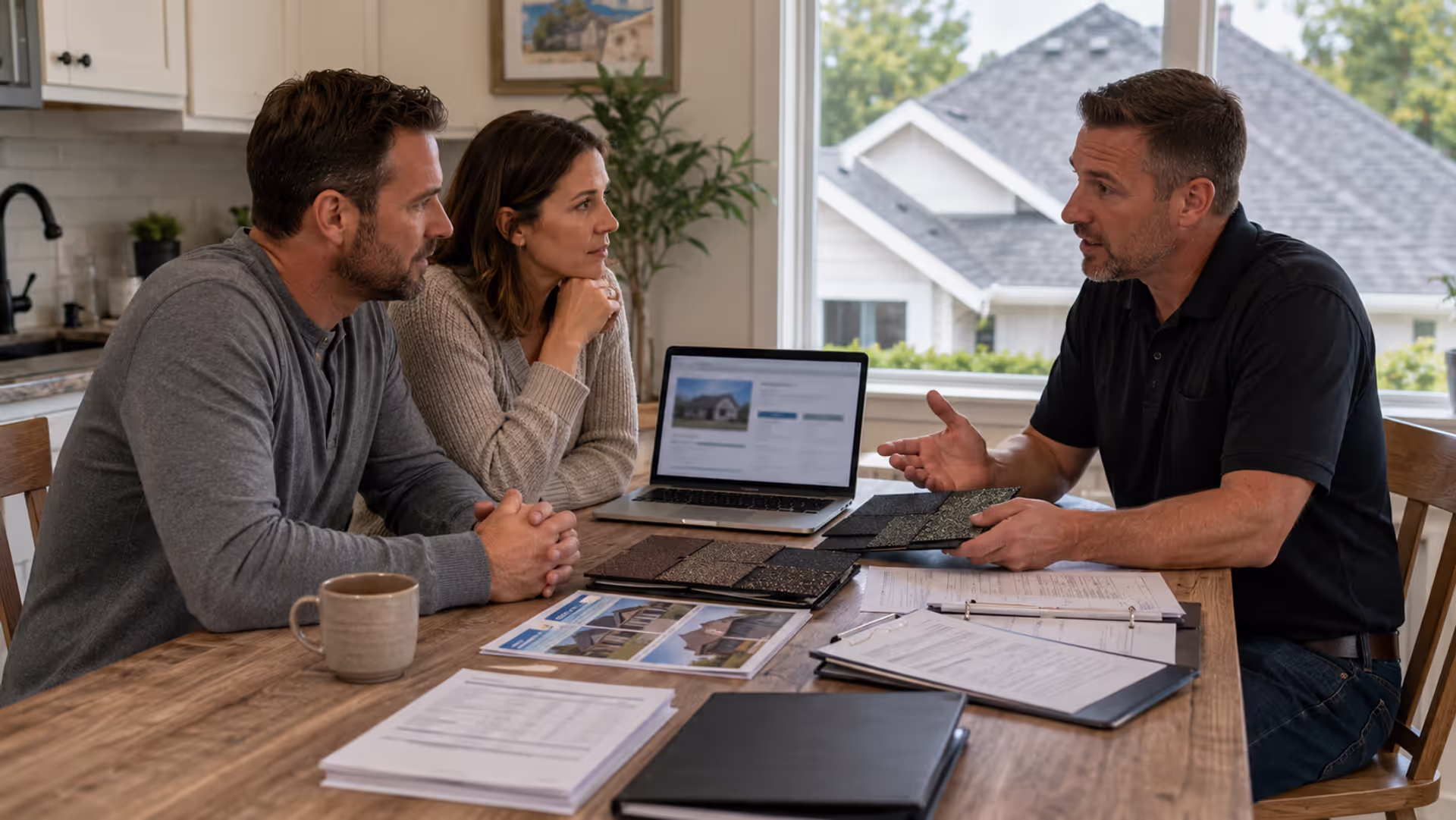 Homeowners reviewing roofing contract, insurance documents, and material samples with contractor