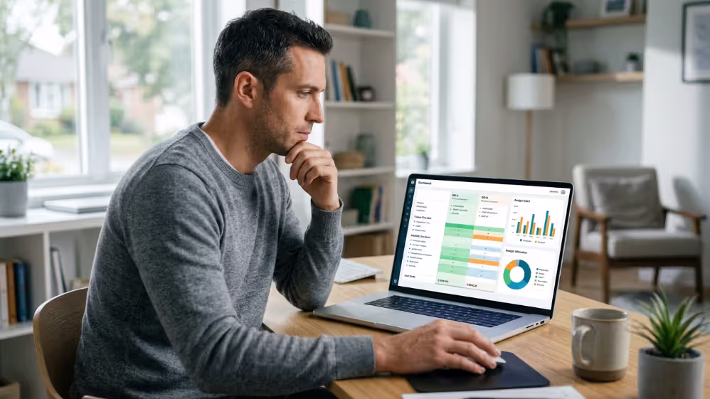 Homeowner using remodeling estimate software to analyze and compare contractor quotes