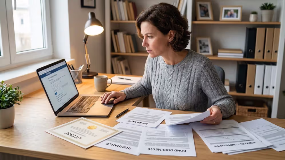 Homeowner verifying contractor license, insurance, and bonding documents online