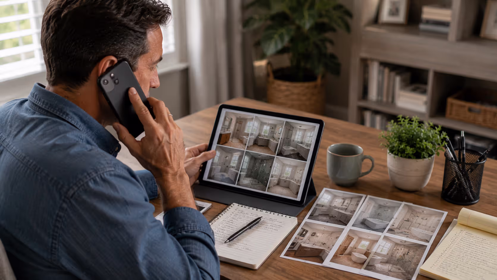 Homeowner checking bathroom remodel portfolio and contacting contractor references