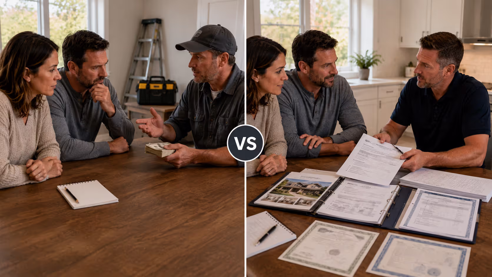Comparison between unreliable contractor warning signs and professional business practices
