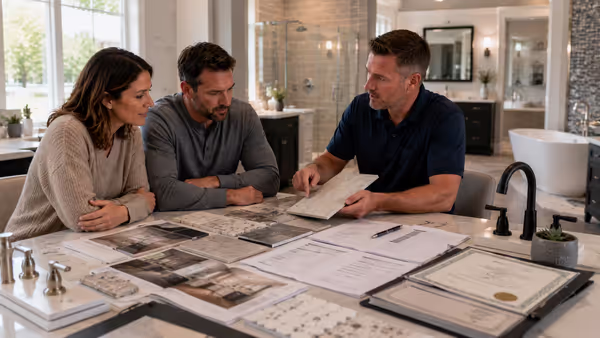 Homeowners reviewing credentials, estimates, and materials with a bathroom remodeling contractor