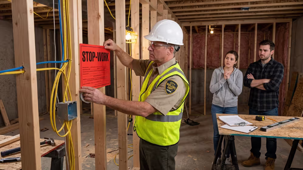 Building inspector issuing stop-work order for unpermitted basement renovation