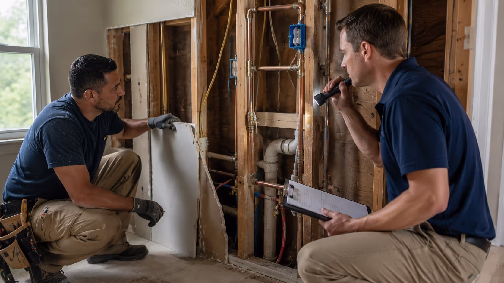 Contractor opening finished walls for retroactive basement permit inspection