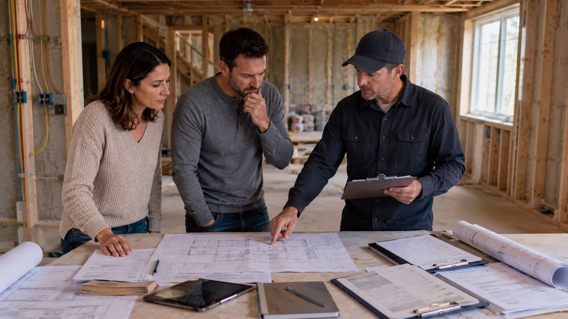 Homeowners reviewing basement finishing plans and permit documents with contractor and inspector