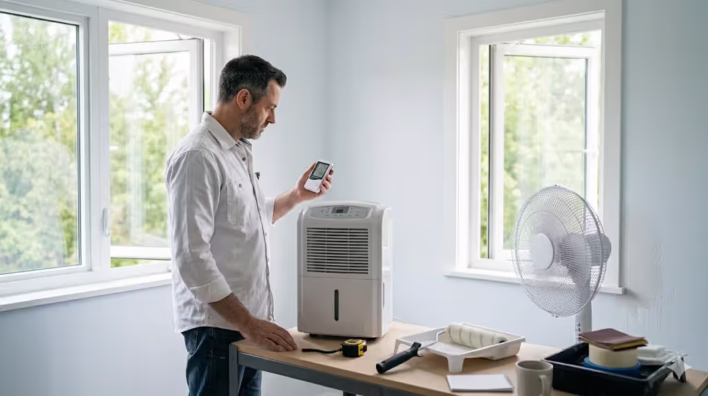 Painted room with ventilation, fan, and humidity control to improve drying