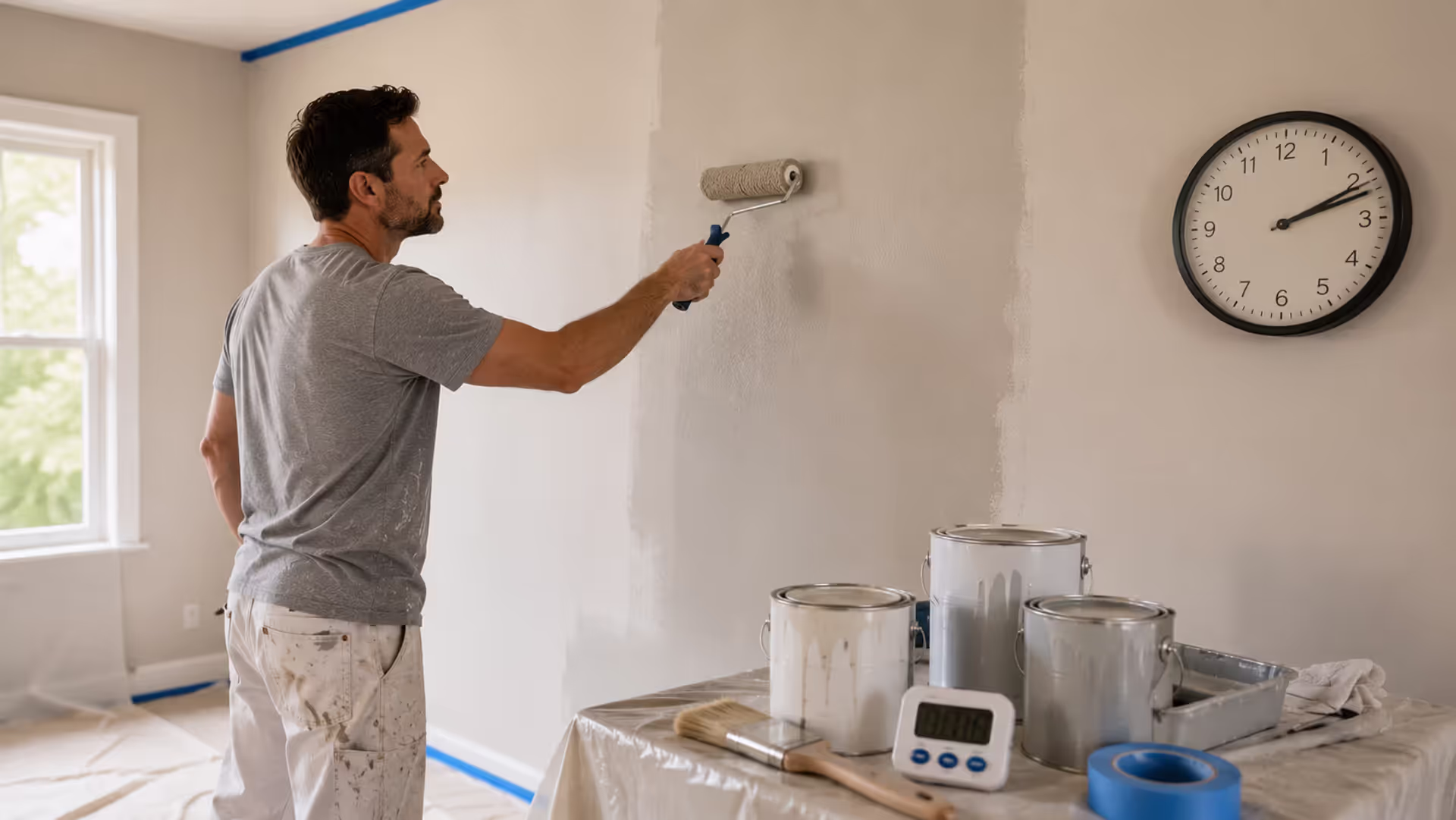 Homeowner painting a wall and monitoring drying time between coats