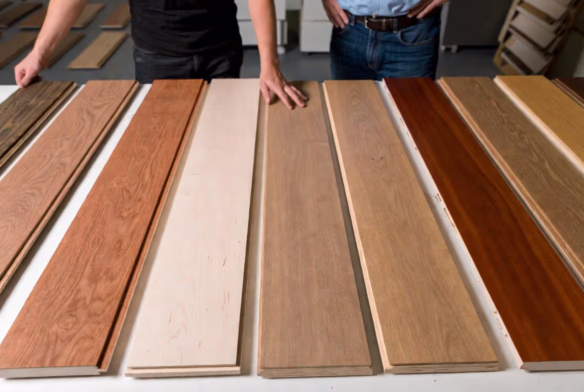 Homeowners comparing different hardwood species and plank styles