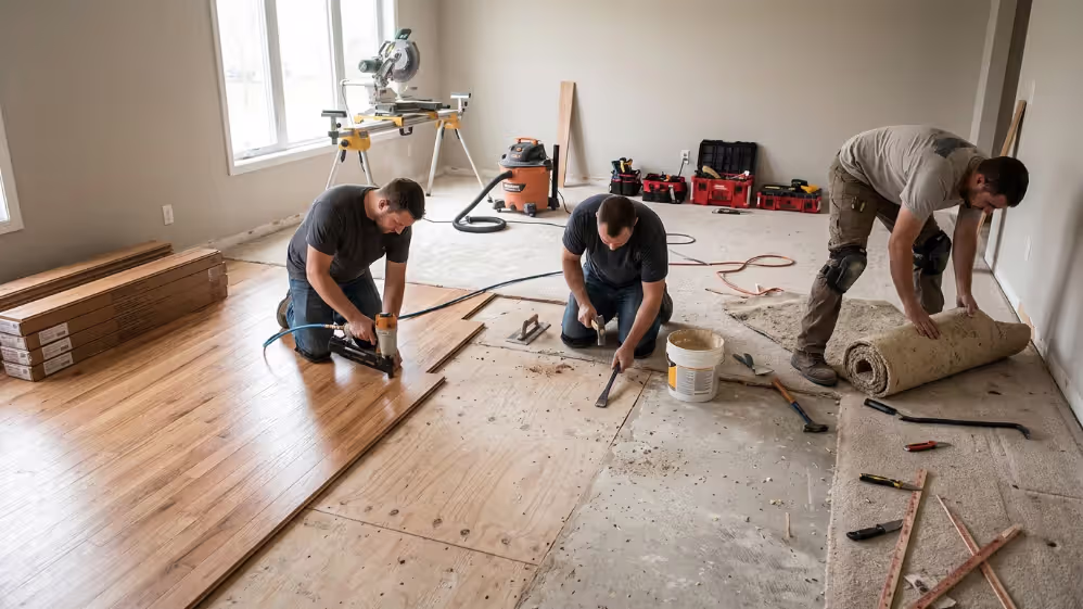 Flooring installers removing carpet, repairing subfloor, and laying hardwood planks