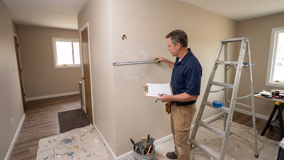 Contractor assessing drywall damage types and factors that affect repair costs