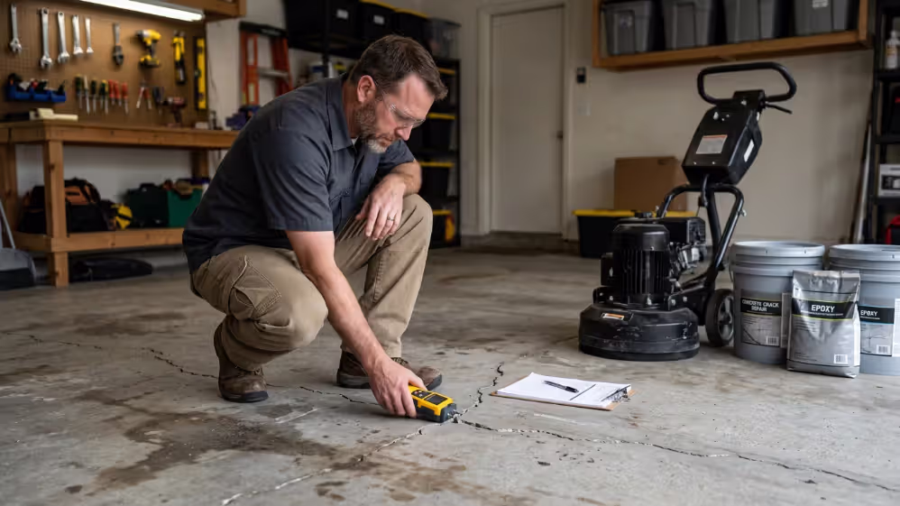 Contractor assessing concrete condition and preparation needs before epoxy installation