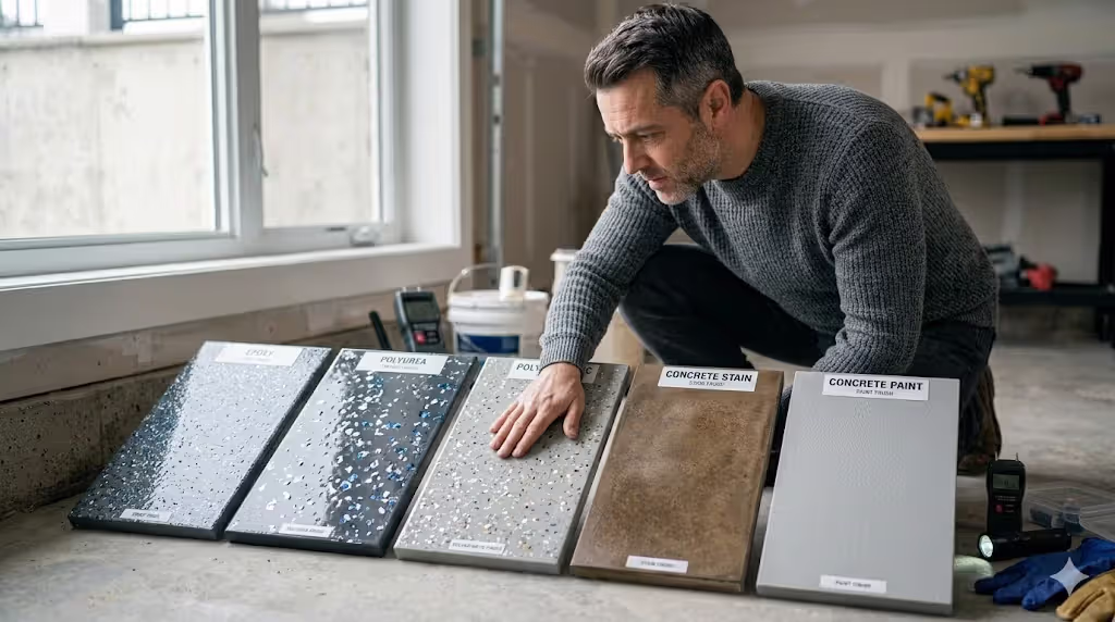 Comparison of epoxy, polyurea, polyaspartic, stain, and painted garage floor finishes
