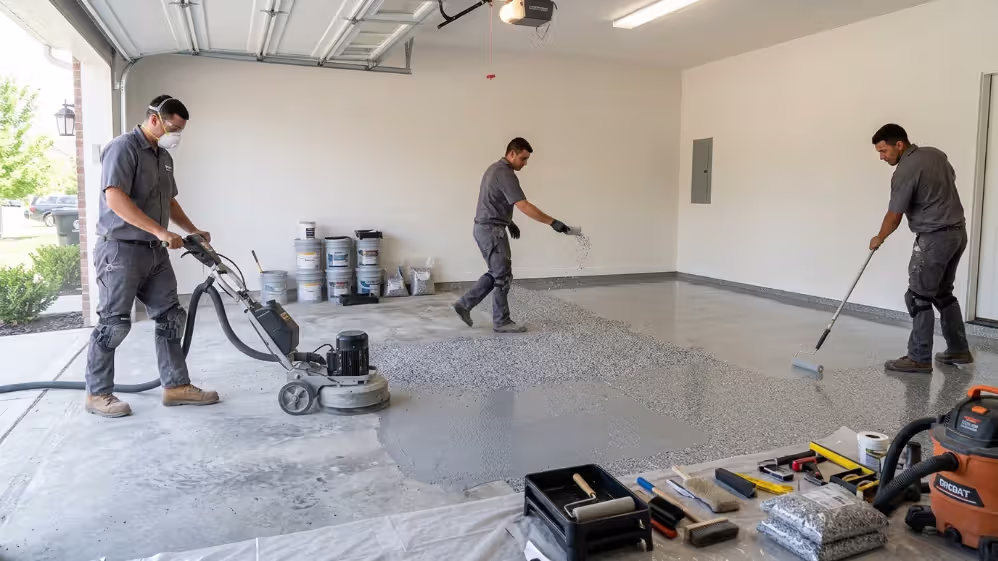 Professional crew grinding concrete, applying epoxy, and broadcasting decorative flakes