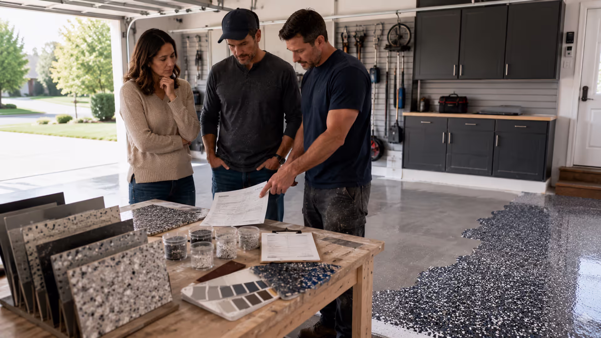 Homeowners reviewing epoxy garage floor options and pricing with a contractor