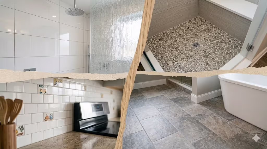 Examples of tile applications for showers, bathroom floors, and kitchen backsplashes