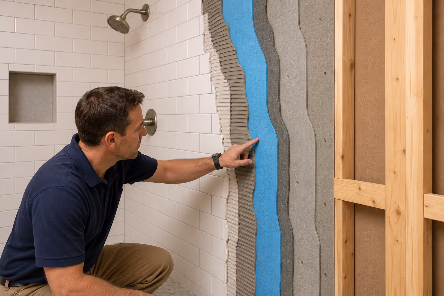 Cutaway view of waterproof shower installation layers behind tile