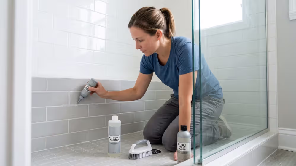 Homeowner sealing grout and maintaining waterproof tile in a shower