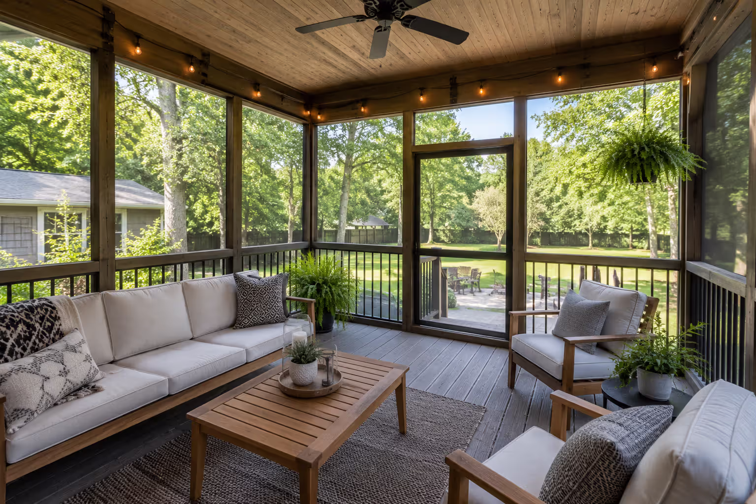 Cozy screened-in porch with wood-paneled ceiling, modern outdoor furniture, ceiling fan, string lights, and scenic backyard views through large mesh screens