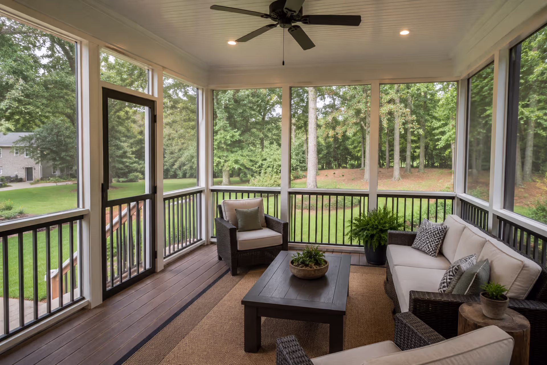 Modern screened-in porch attached to a suburban home with cozy outdoor seating, wood decking, ceiling fan, and large mesh screens overlooking a green backyard